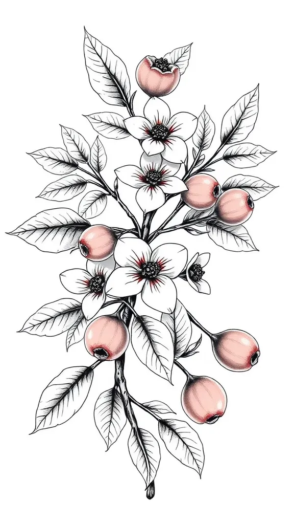 faça um desenho em preto e branco sem sombreados para uma tatuagem. O desenho deve ser de galhos de uma arvore de acerola e deve conter as flores e frutos dessa arvore, coloque os frutos em destaque tattoo