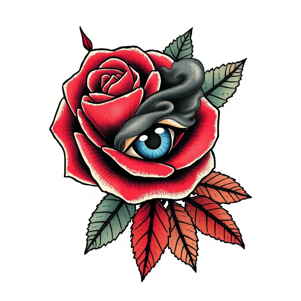 fammi un tatuaggio sul avambraccio sinistro con una rosa delle nuvole un occhio del fumo e delle foglio antiche storiche 문신