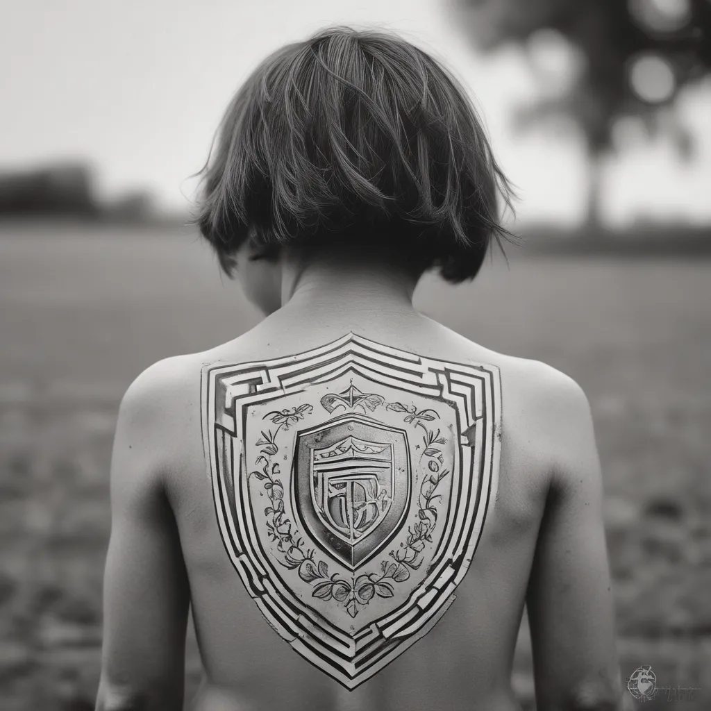 Hazme un tatuaje con el escudo del lega el campo del lega al fondo y un niño jugando

 tetování