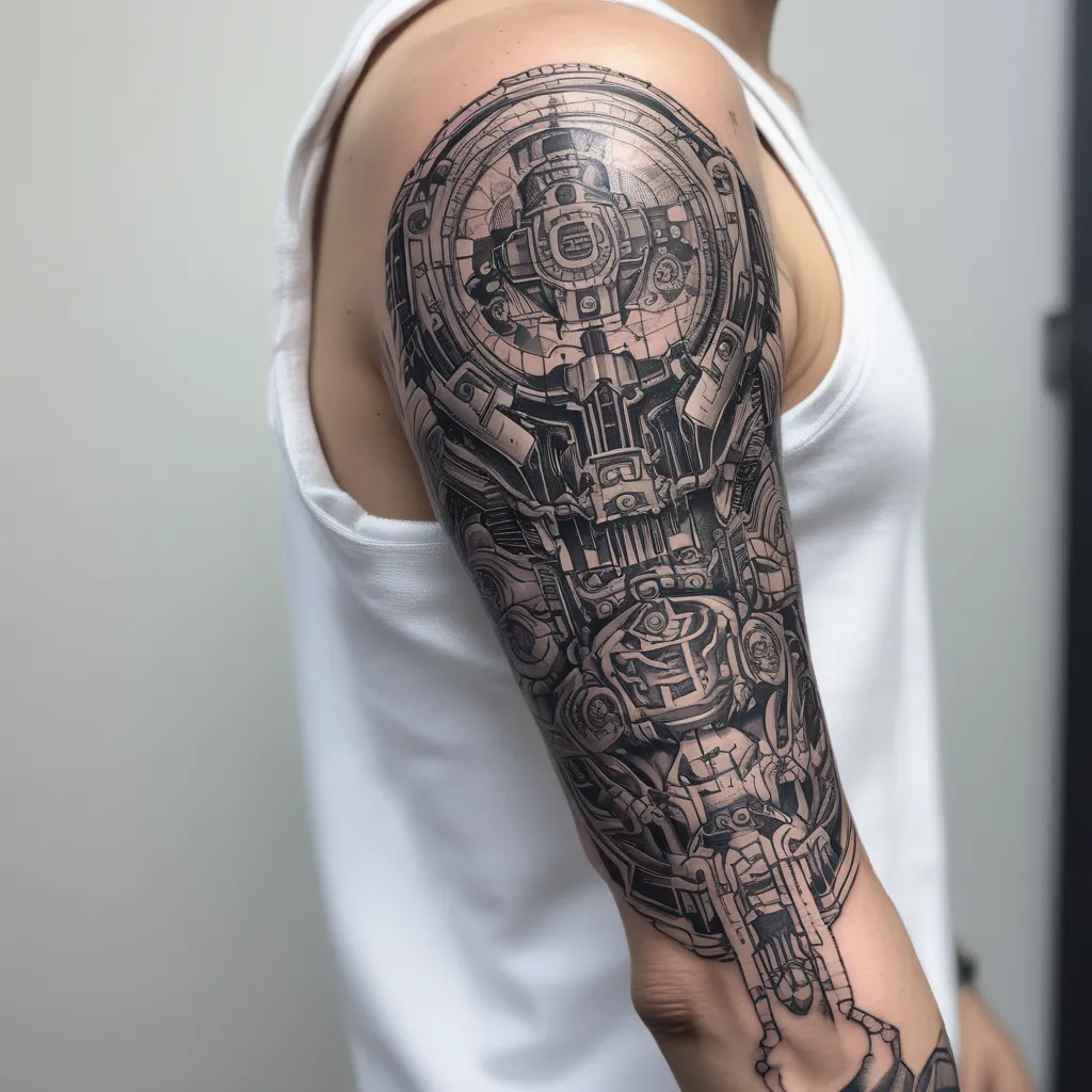 male tattoo on the inner forearm in cyberpunk technological style related to artificial intelligence tetování