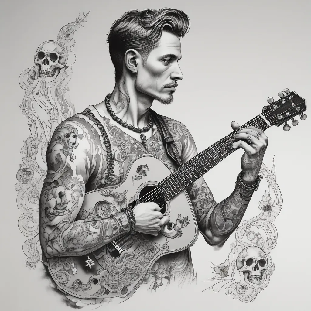 Man playing guitar made of bones татуировка