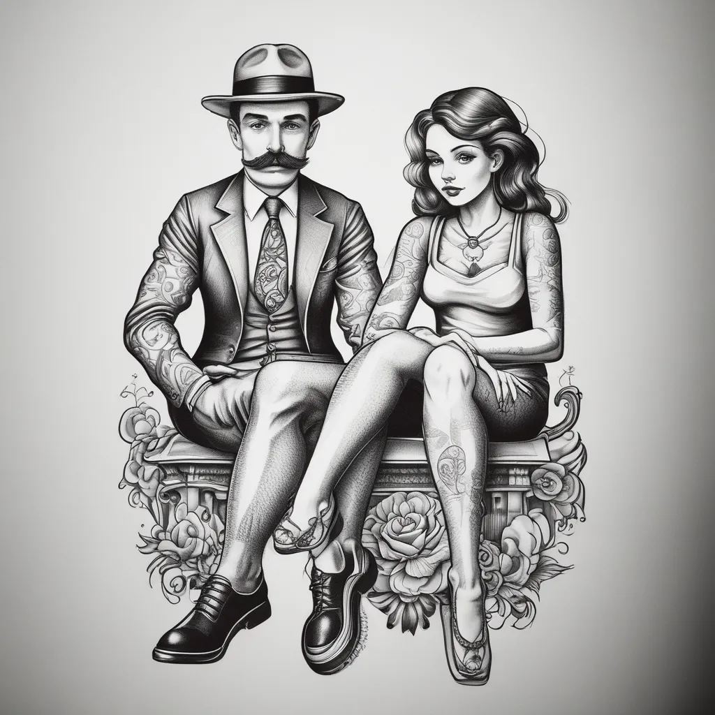 Man with moustache between lady legs tatuaje