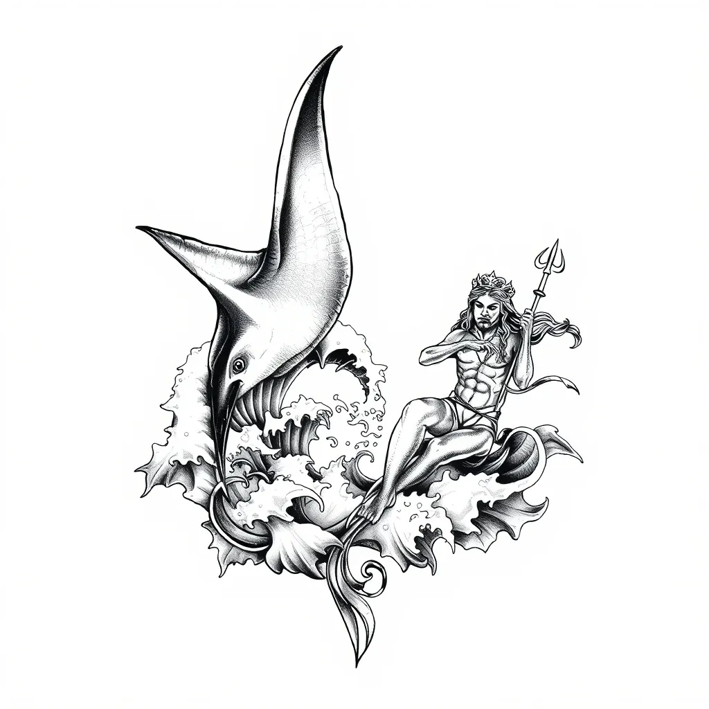 Manta with wave and poseidon with passion and freedom tatuointi