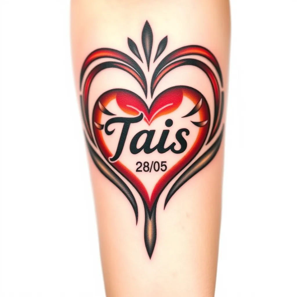 Coração Maori com nome Tais e data 28/05, tatuagem com linhas retas feita no Antebraço dando voltas com traços retos. tatuaggio