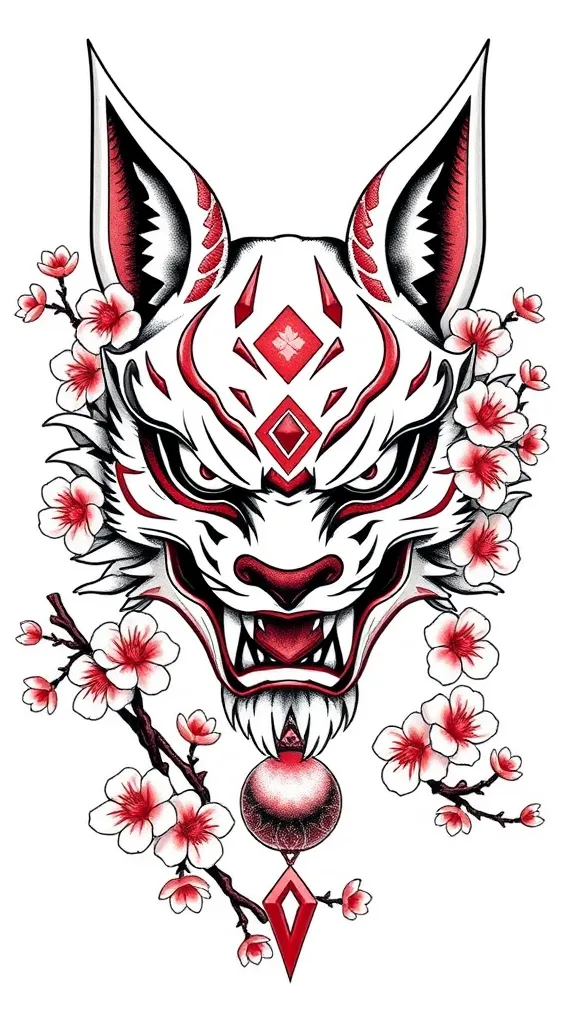 masque de la bete mythologique kitsune, avec des fleurs de cerisier, ainsi que les sphère de l'infini de gojo dans l'animé jujutsu kaisen  tatuering