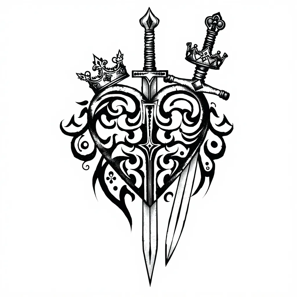 estilo medieval, un corazon con corona en uno de sus extremos superiores y una espada en posicion vertical tattoo