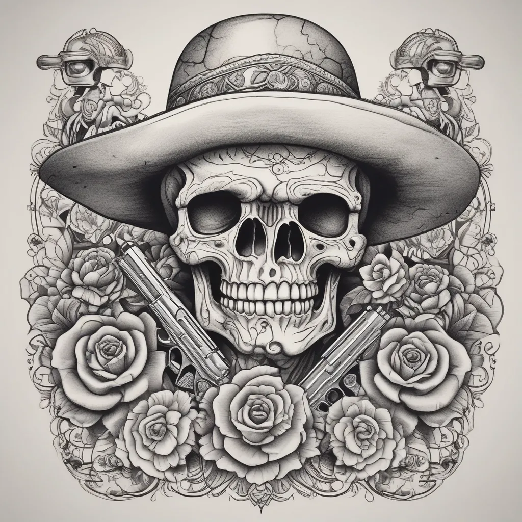 Tete de mort mexicaine avec des roses autour et un pistolet ancien en arrière plan  tattoo