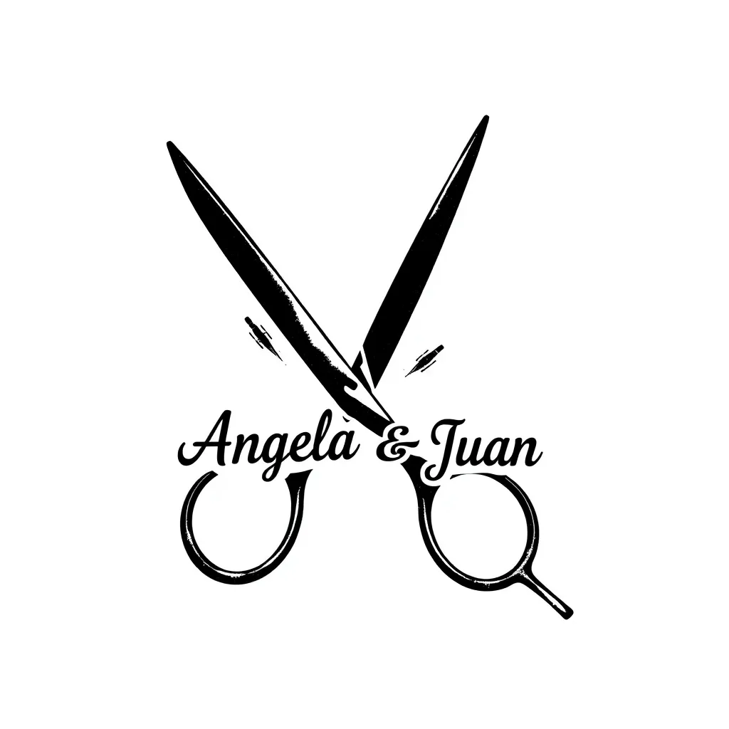 tijera peluqueria minimalista las puntas d ela tijera envueltas en un simbolo negro de infinito manera vertical con el nombre angela y juan dövme