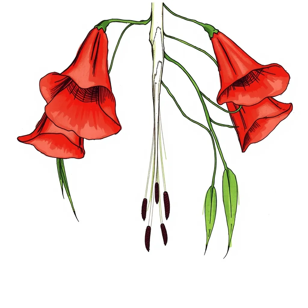 Ilustración minimalista de un copihue (Lapageria rosea) visto desde abajo, con pétalos rojos brillantes en forma de campana invertida, hojas verdes alargadas y tallos finos, sobre un fondo blanco o transparente tatuering