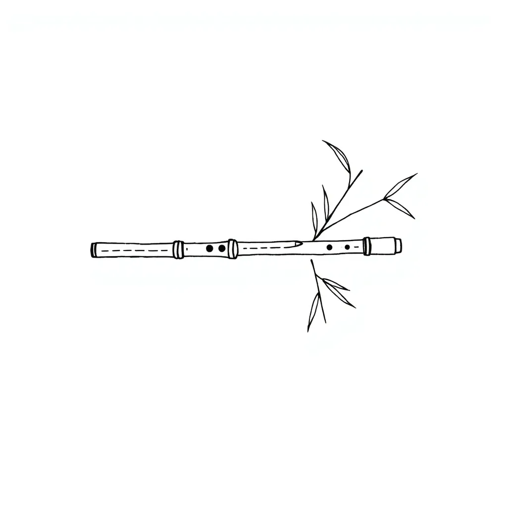 Minimalist line-drawing tattoo of a traditional Chinese bamboo flute, with fine details like finger holes and end caps, framed by delicate bamboo shoots or leaves for a simple, balanced design tattoo