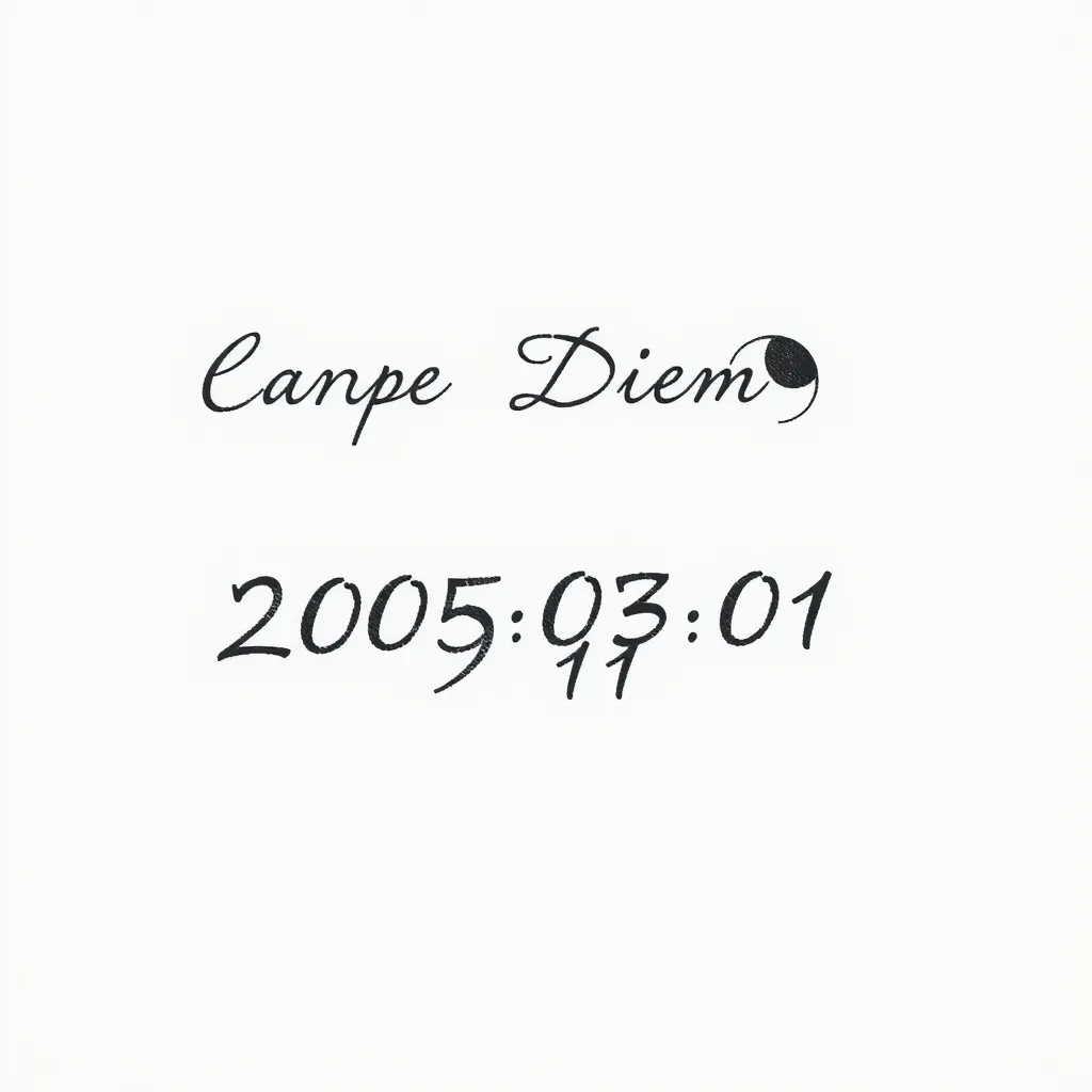 Minimalist tattoo design, black ink. The words 'Carpe Diem' in small, fine script on the top left. The Mars symbol ♂ on the top right. The center features two overlapping dates: '2005-03-01' in solid black clearly overlaying a lighter gray '2015-11-10'. White background, fine line, tattoo reference sheet. tatuaggio