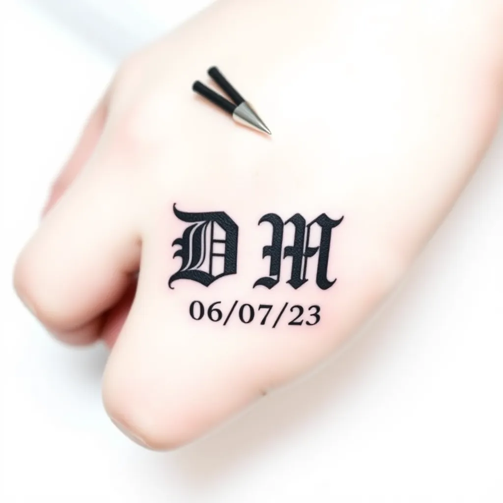 Idea de tatuaje en estilo Minimalista necesito q me ayudes generando un tatuaje pequeño que junte la letra D y M para tatuarme en el dedo pulgar y con la fecha 06/07/23 문신