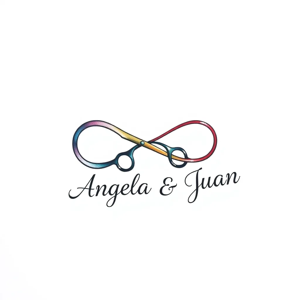 Idea de tatuaje en estilo Minimalista Tijera estilista envuelta en simbolo infinito de manera horizontal con el nombre angela y juan татуировка