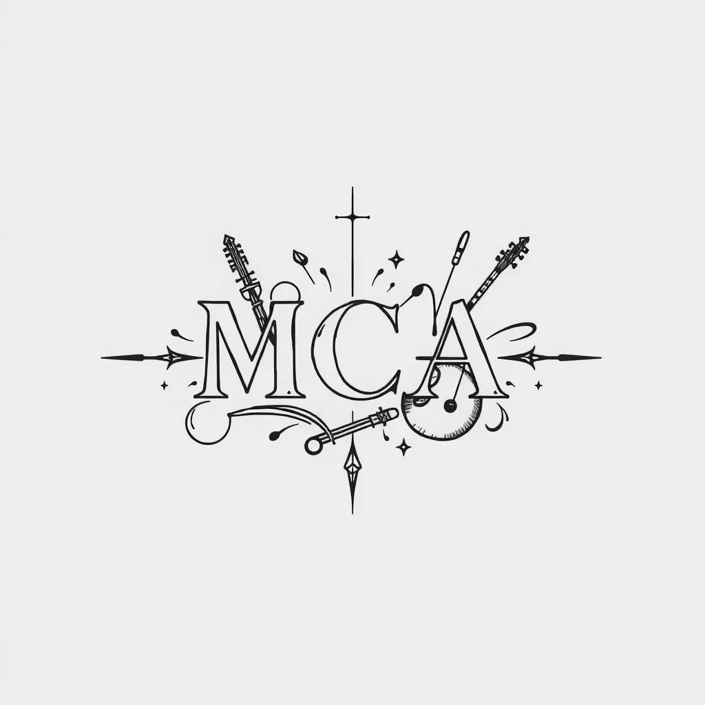 TATUAJE MINIMALISTA, en blanco y negro, con la palabra MCA y elementos musicales clasicos 纹身