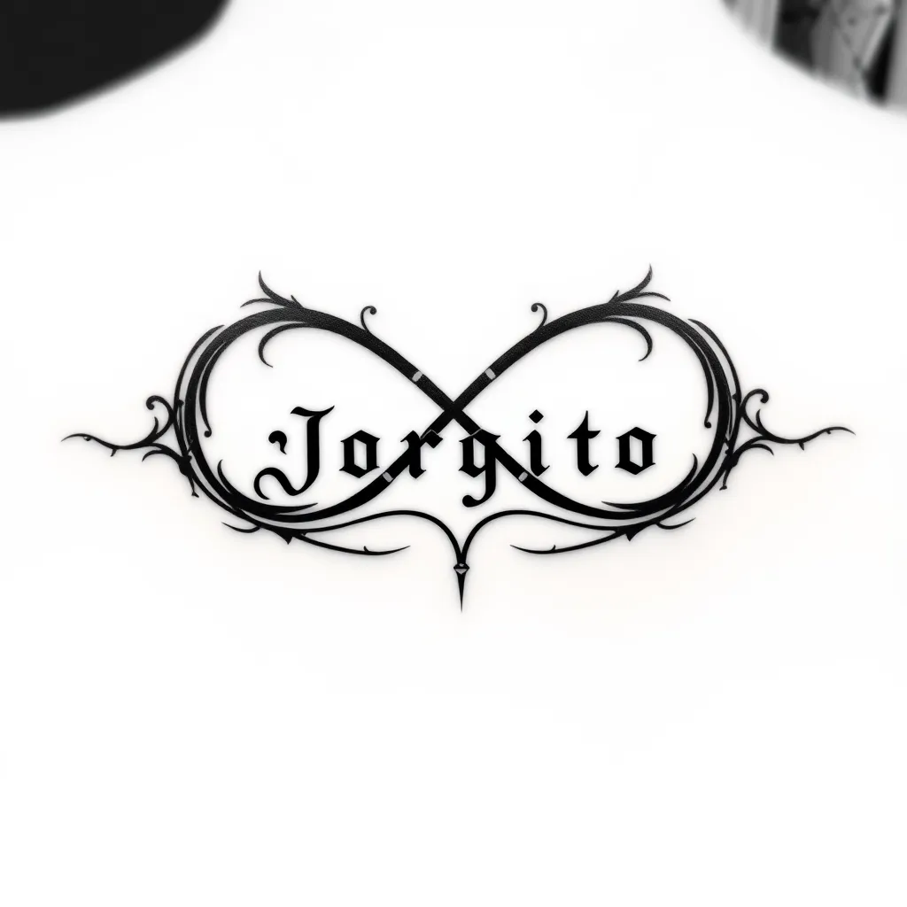 TATUAJE MINIMALISTA DEL SIMBOLO INFINTO CON EL NOMBRE JORGITO COMO PARTE DE SUS LINEAS tattoo