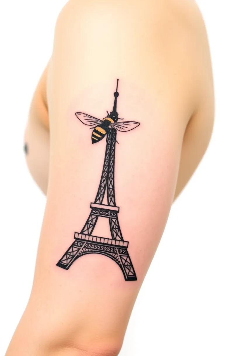 minimalist tattoo on the biceps with a bee flying around the Eiffel Tower tetování