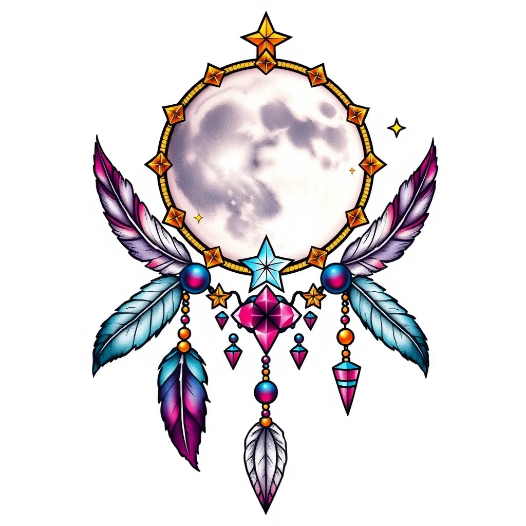 lune chat cristaux plume étoile bijoux attrape reve tattoo