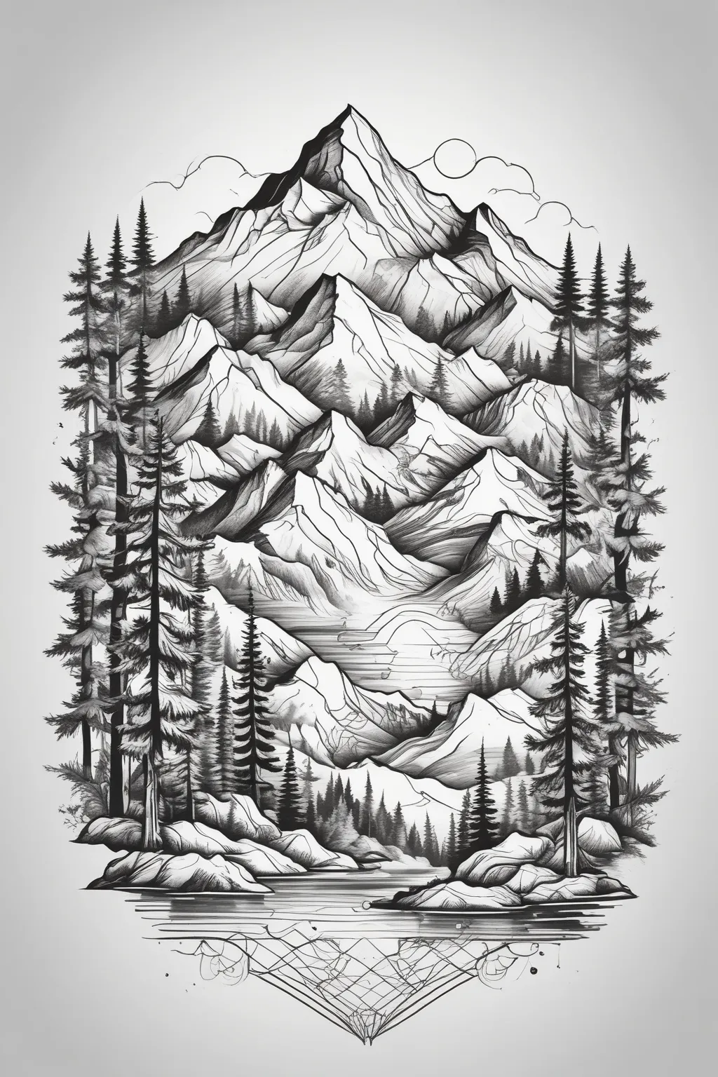 mountains, lake trees 纹身