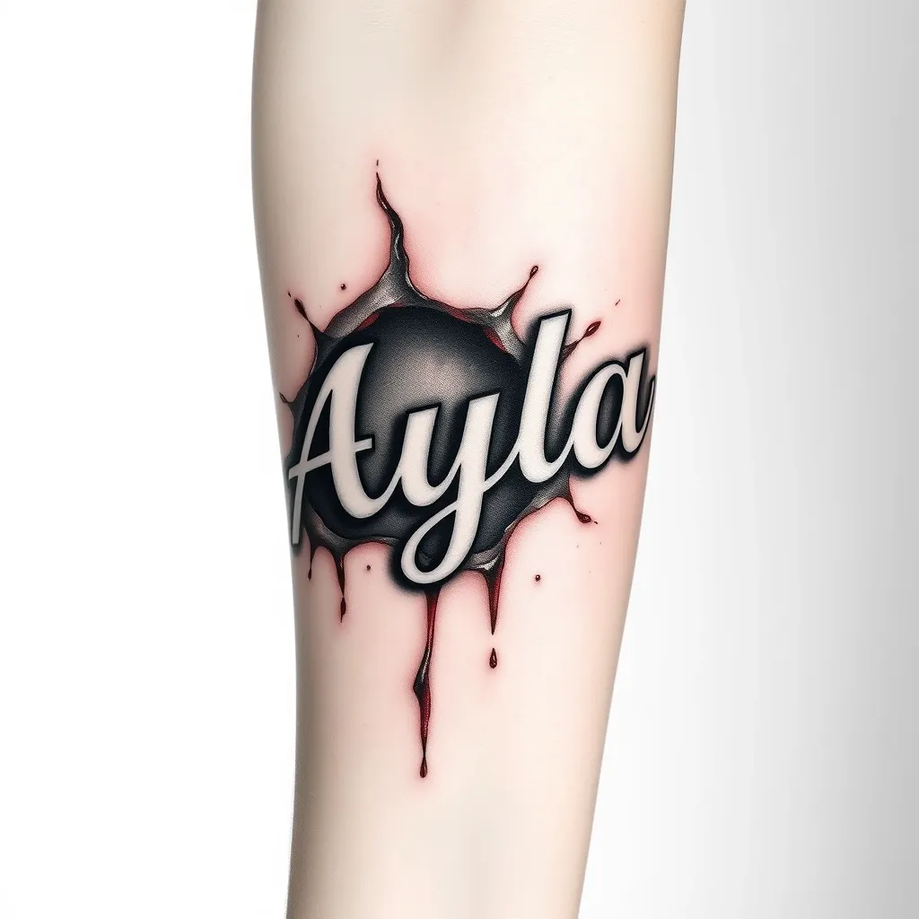 Name Ayla aus einer Wunde aus der Haut heraus mit Schatten auf dem Unterarm entlang des Arm  纹身