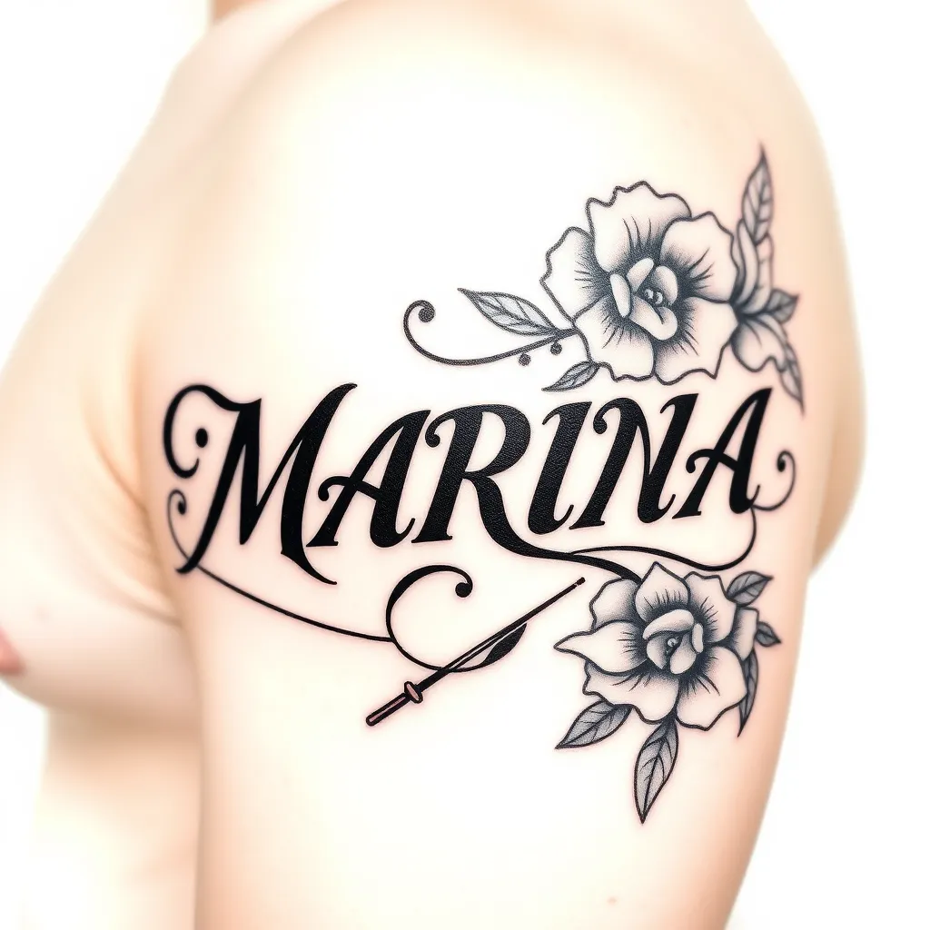 Nome de uma filha falecida em preto e branco no braço masculino, "MARINA" tatouage