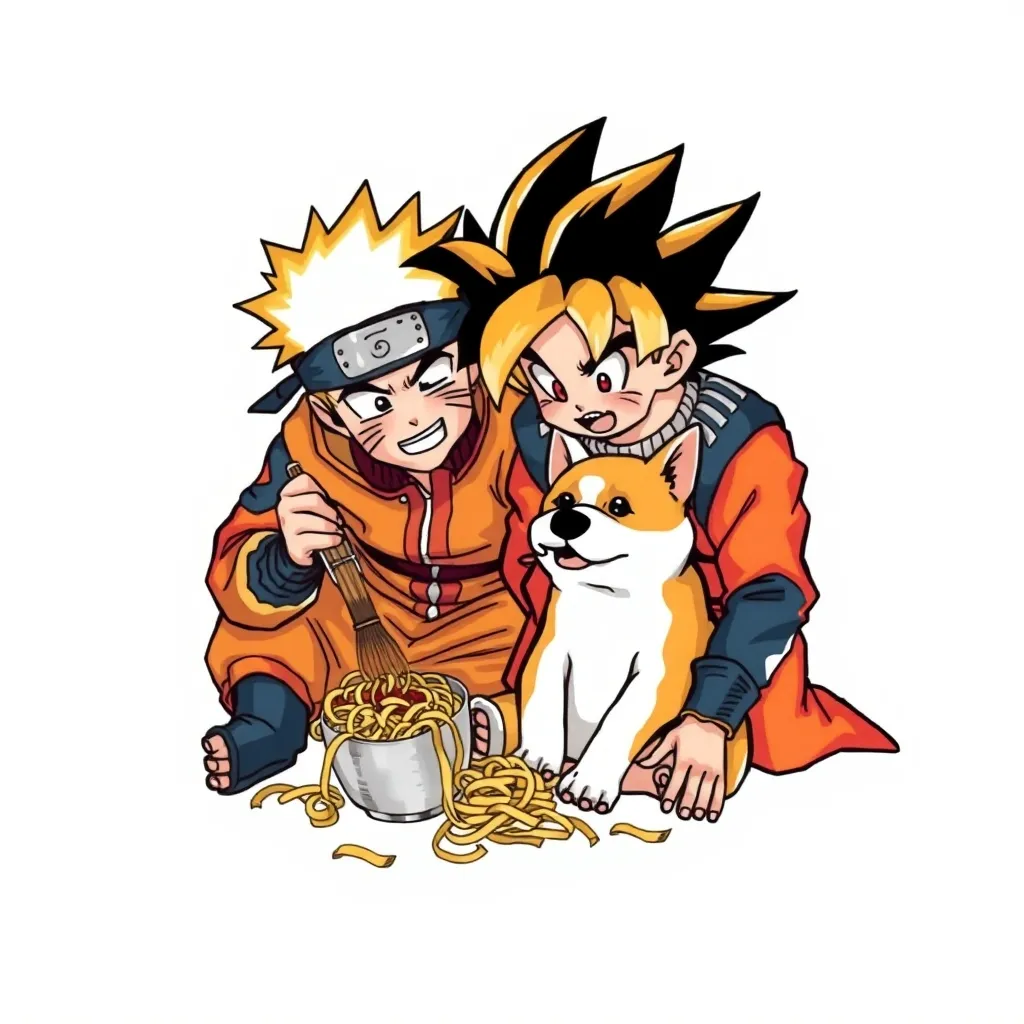 Naruto , goku  y un perro comiendo ramen en el piso 入れ墨