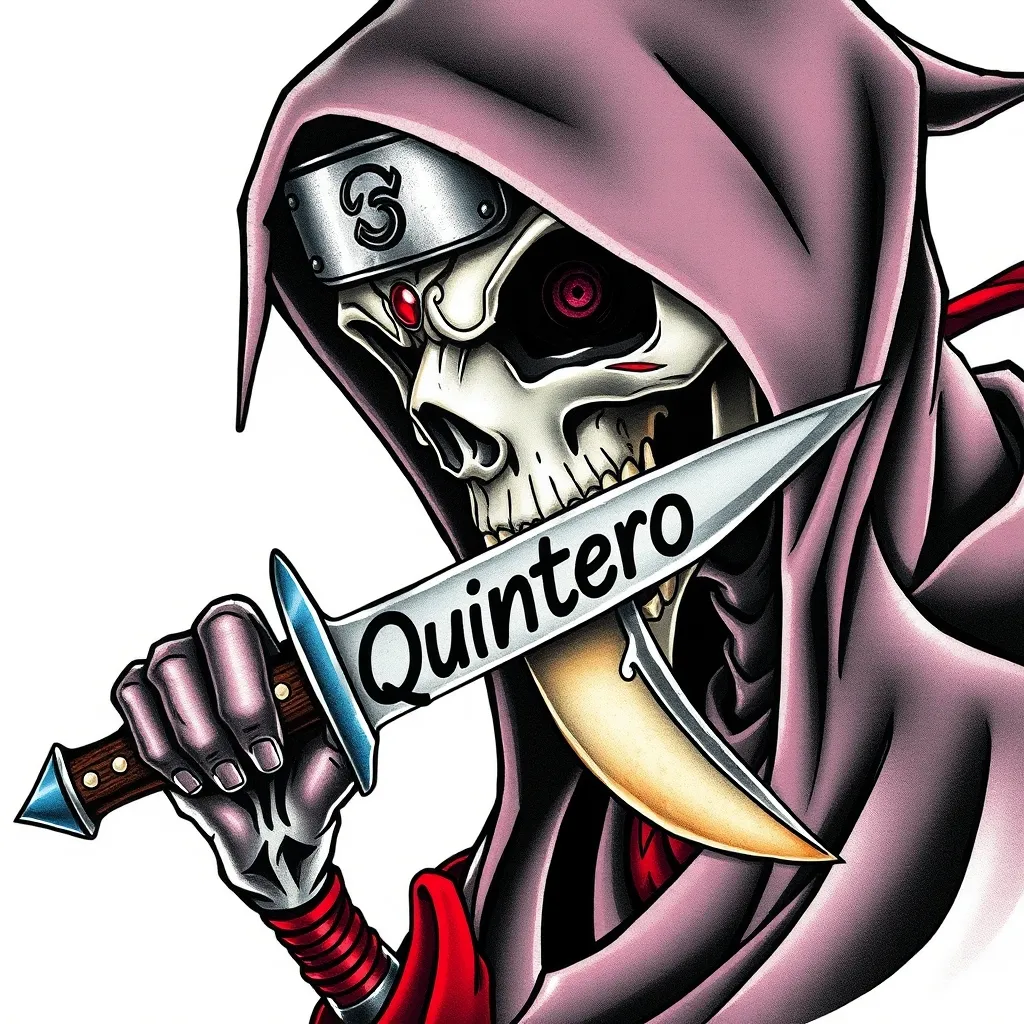 Parca de naruto con un cuchillo en la boca que tenga marcado el nombre Quintero  टैटू