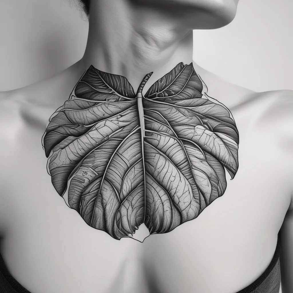 Neck/Throat blacked out with white lines Monstera leaves Tätowierung