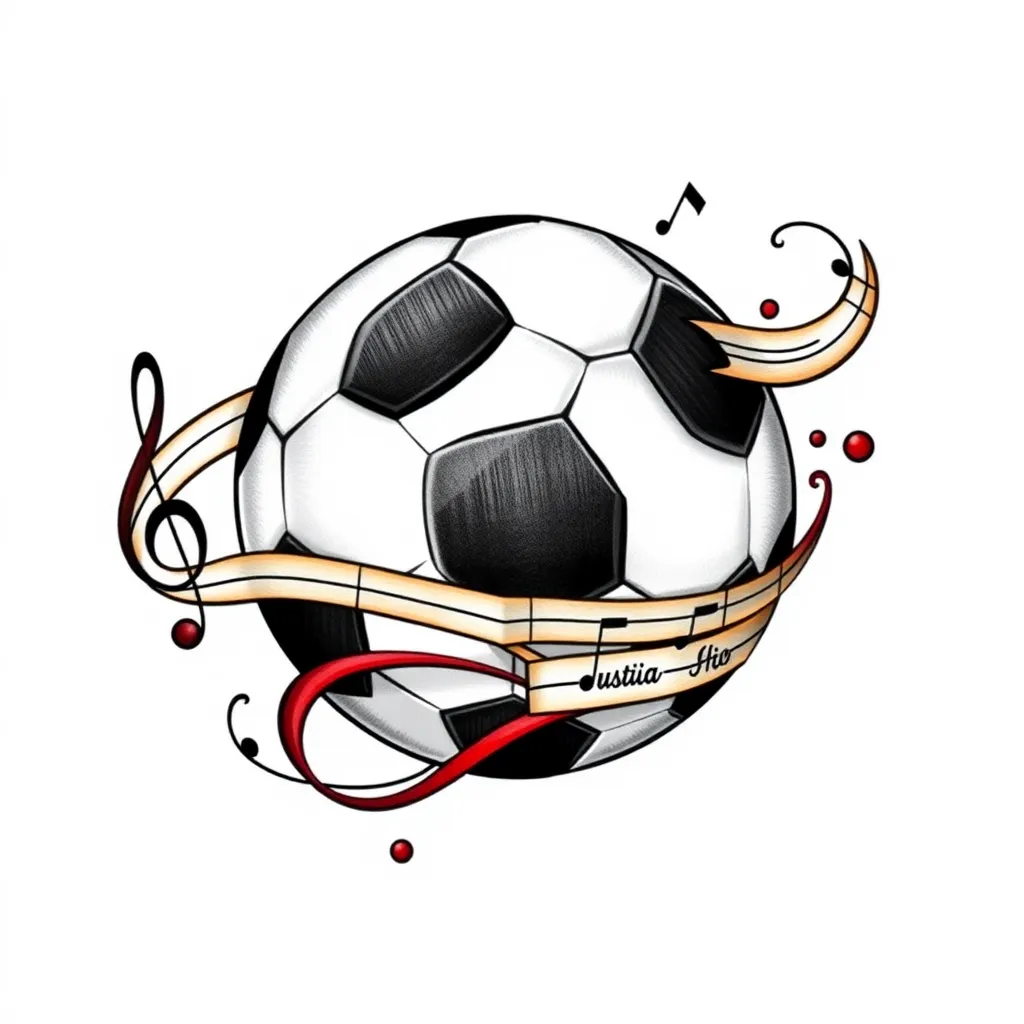 Idea di tatuaggio in stile Neo-tradizionale Un tatuaggio che combina un pallone da calcio con delle note musicali che si intrecciano, magari formando una spirale o una melodia che avvolge il pallone. Questo simbolo rappresenta l'unione delle mie passioni. Inoltre, inserisci i seguenti nomi : Lucia , Antonino , Valeria e Federica 문신