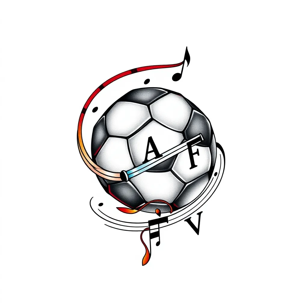 Idea di tatuaggio in stile Neo-tradizionale Un tatuaggio che combina un pallone da calcio con delle note musicali che si intrecciano, magari formando una spirale o una melodia che avvolge il pallone. Questo simbolo rappresenta l'unione delle mie passioni. Inoltre, metti le lettere L, A , F ,V 문신