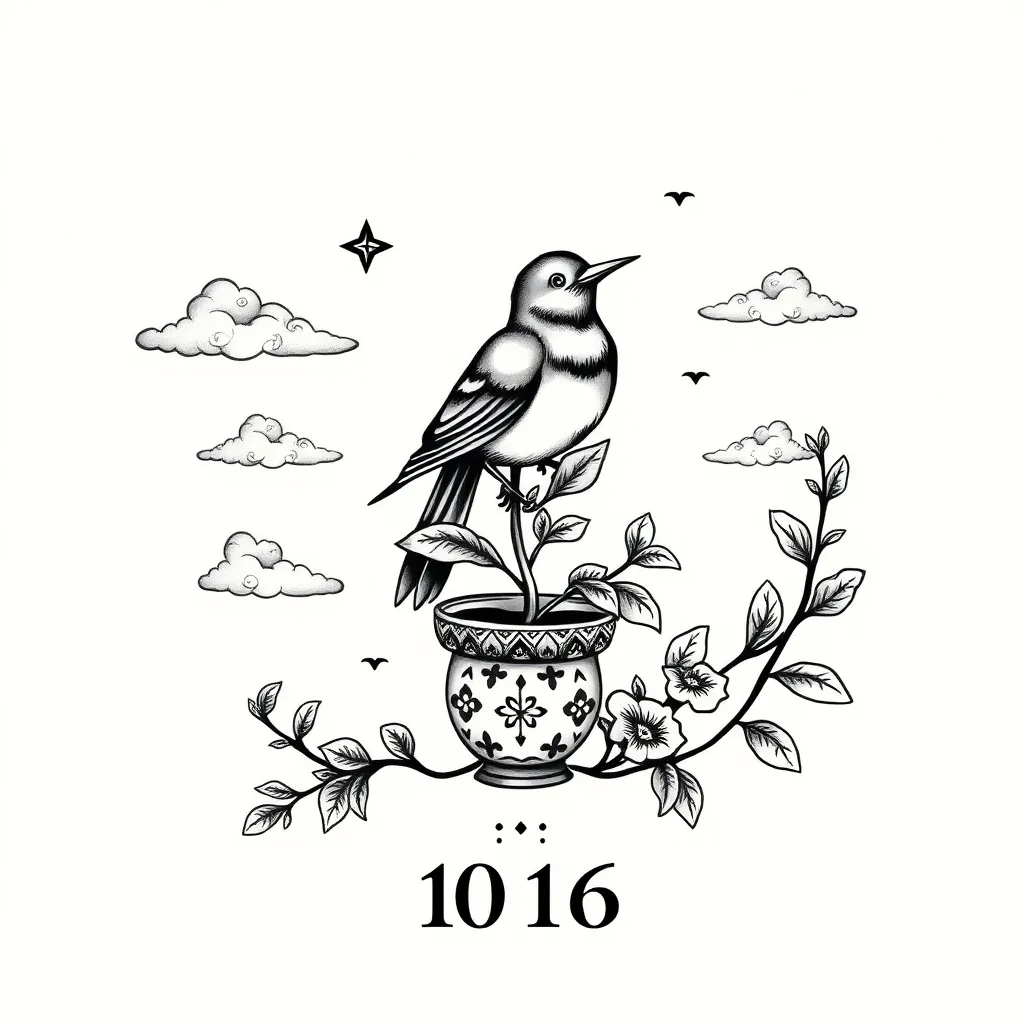 Idée de tatouage dans le style Néo-traditionnel oiseau nuages poton date de naissance et iniatle en noir  tatuagem