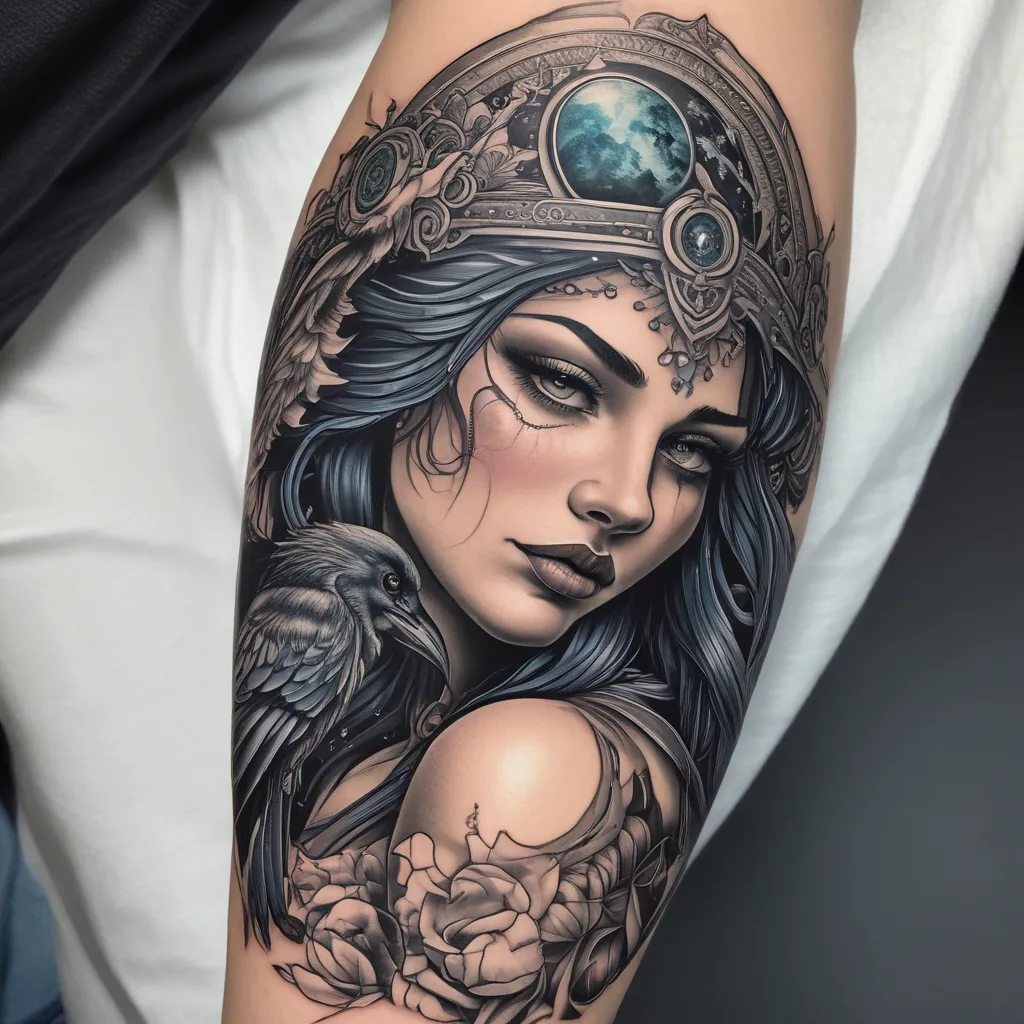 neo-traditional tattoo  , Goddess Hel , Ravens , Moon , full arm татуировка