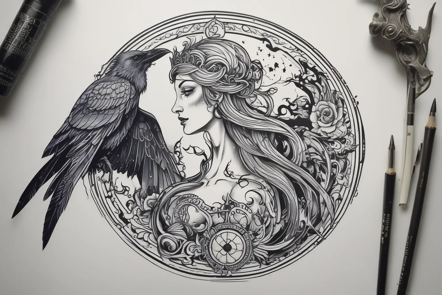 neo-traditional tattoo  , Goddess Hel , Ravens , Moon وشم