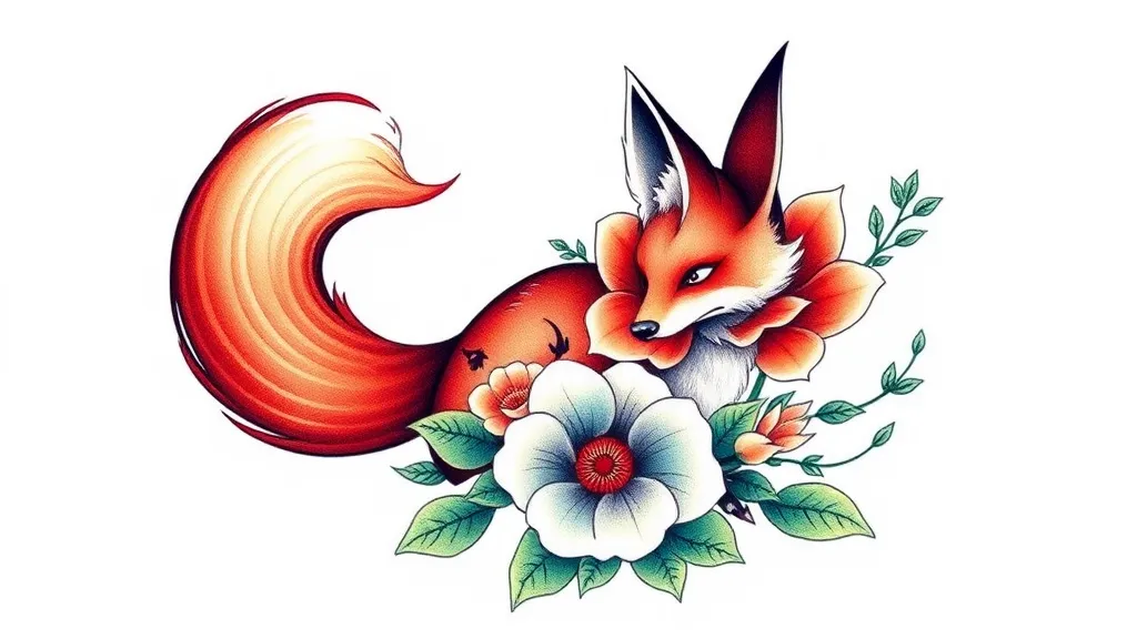 nine tail fox，flower tattoo