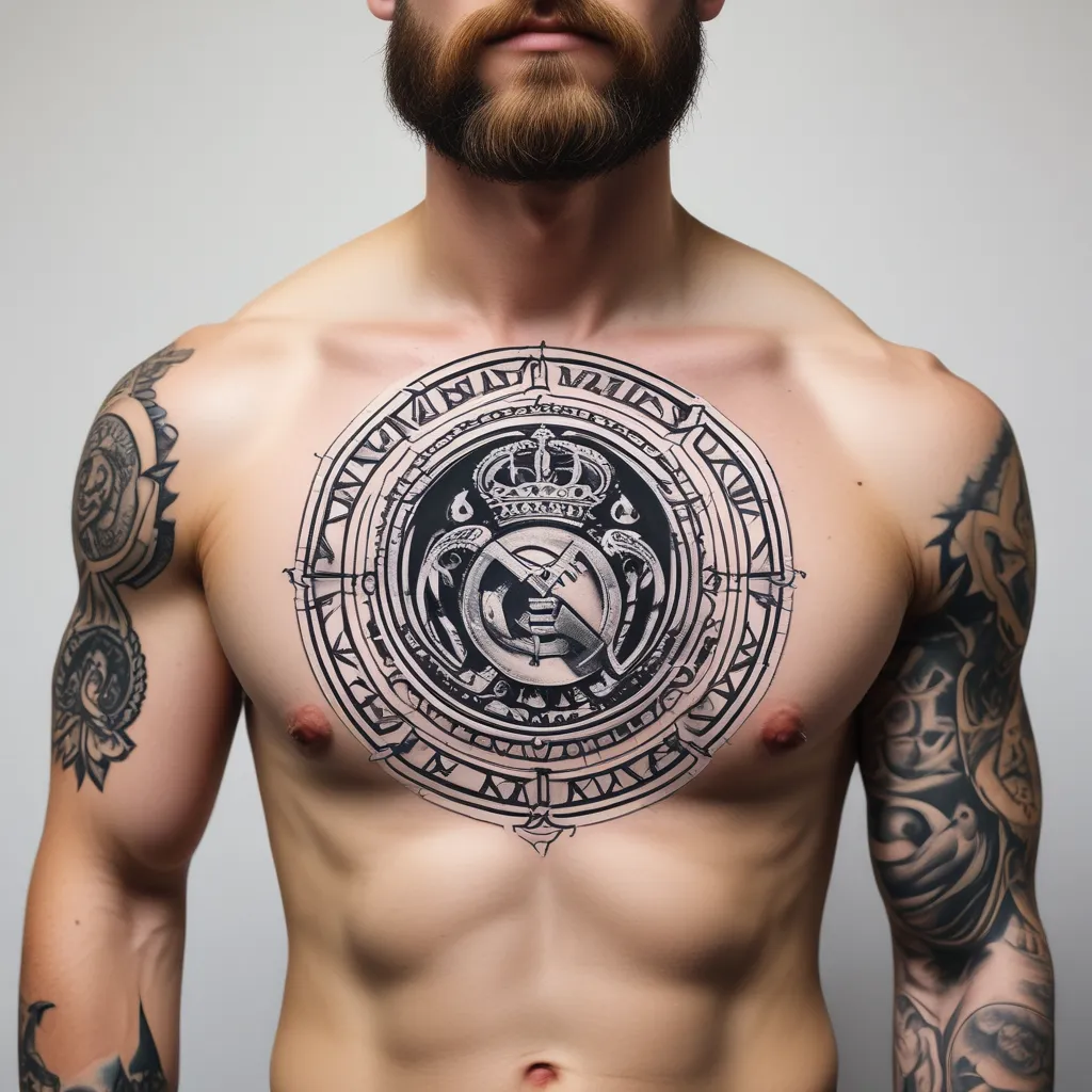 Nordic tattoo design with the Real Madrid crest and a Viking 문신