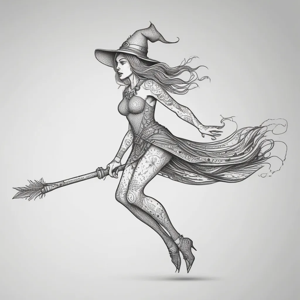 nude witch on broomstick tatoeage