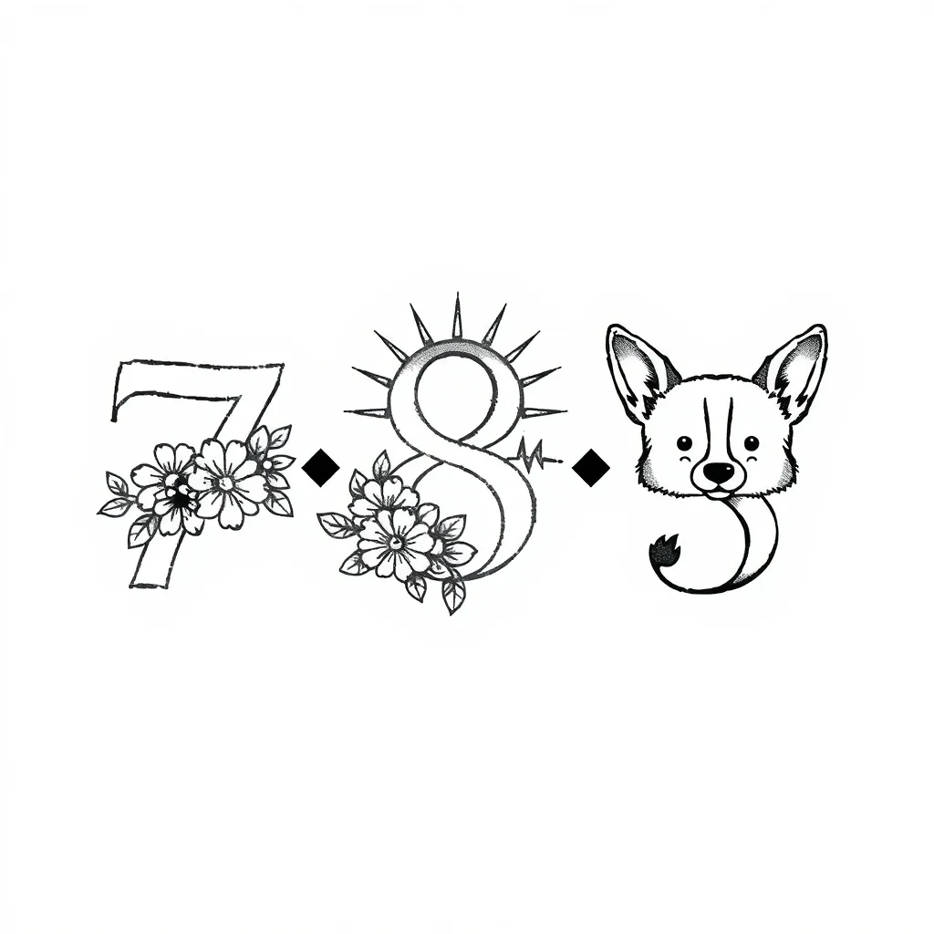 数字7和花朵结合，8和太阳结合，3和柯基耳朵结合。使用简笔画的风格，生成一个横向的图案 τατουάζ