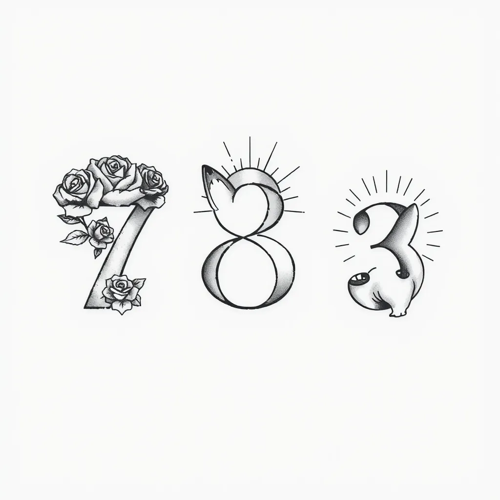 数字7和玫瑰花瓣结合，数字8和太阳光芒结合，数字3和柯基尾巴结合 Tätowierung