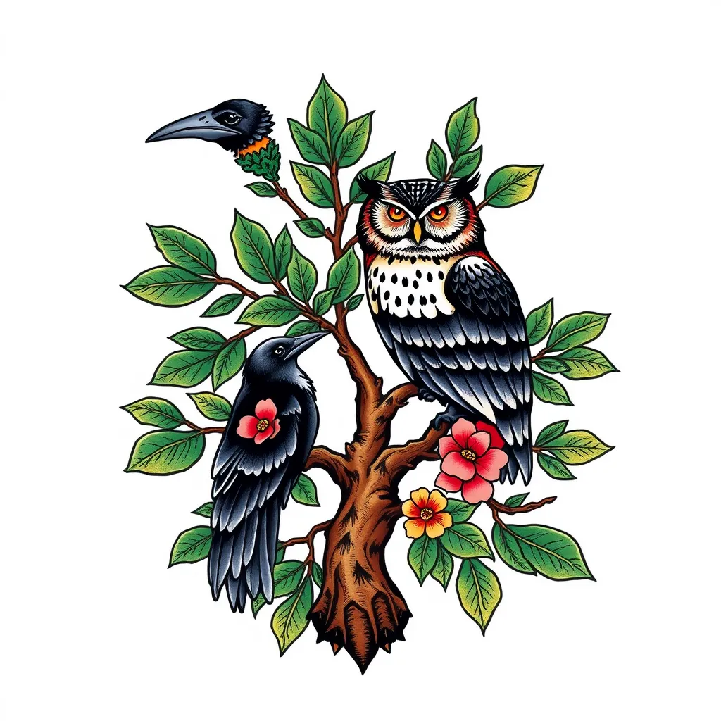 oak with crow and owl  tattoo