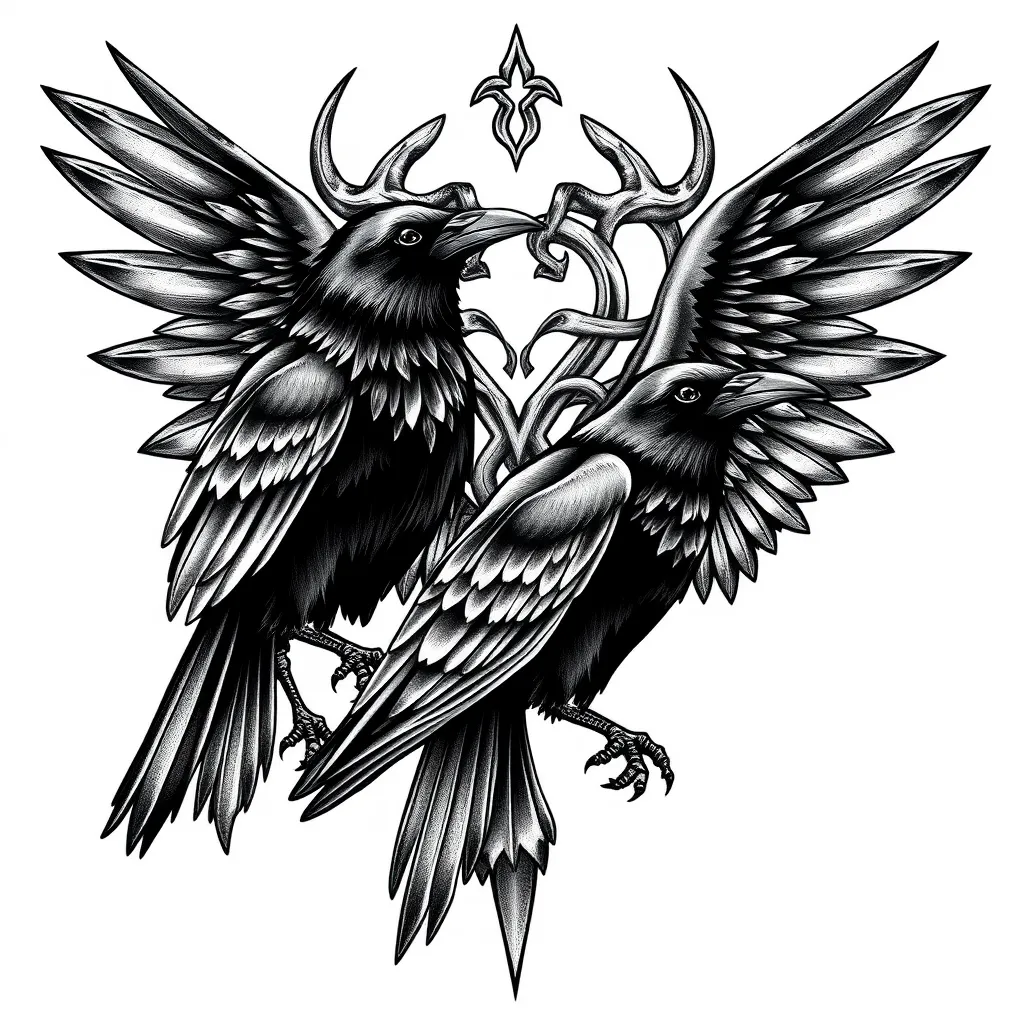 eux corbeau de odin avec le valknut en fond tatuagem