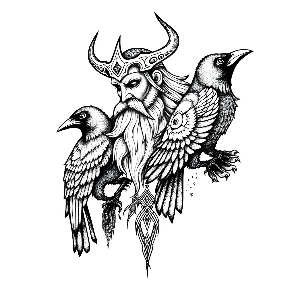 odin with two ravens in nordic style tattoo