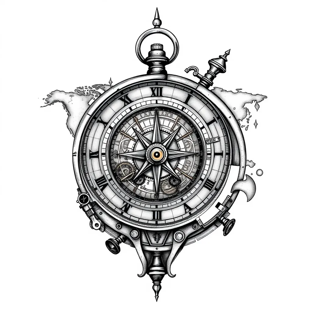 old and broken and complex steampunk timepiece compass and world map tattoo