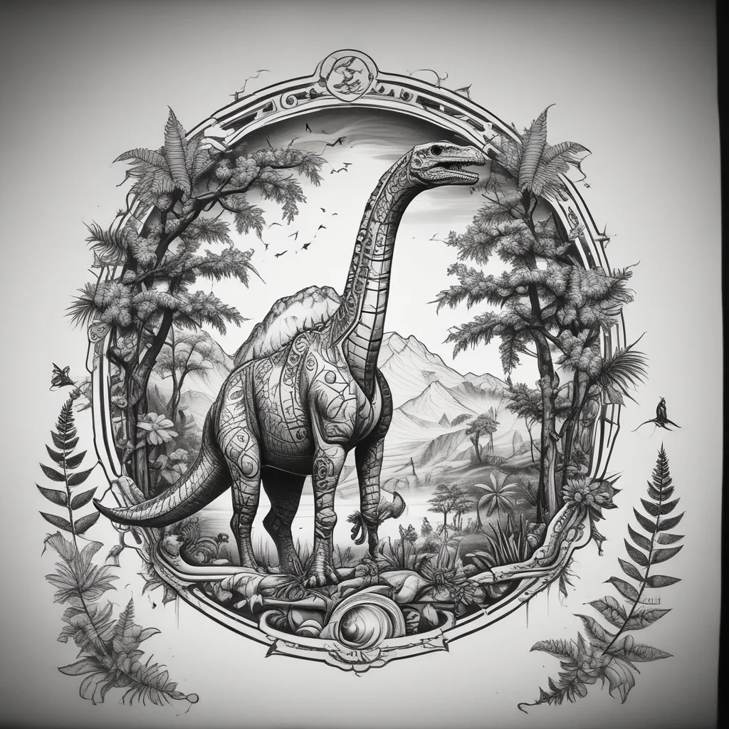 one brachiosaurus in nature in black and white tattoo
 татуировка