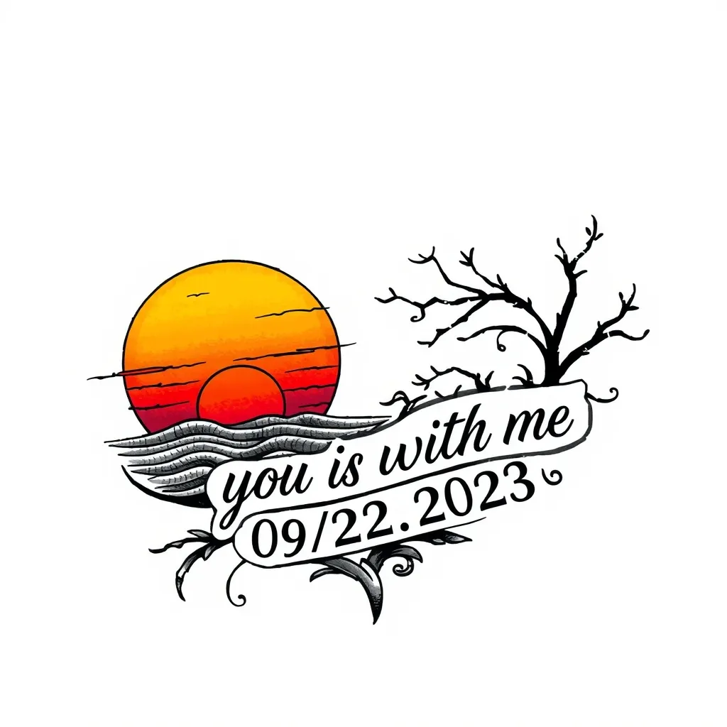 One Line,black and white tattoo depicting the sunset with the writing you are with me with the from 02/22/2023 纹身