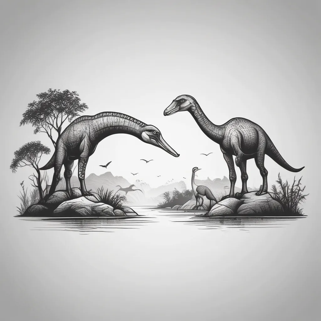 One puffin and one brachiosaurus in nature in black and white tattoo
 문신