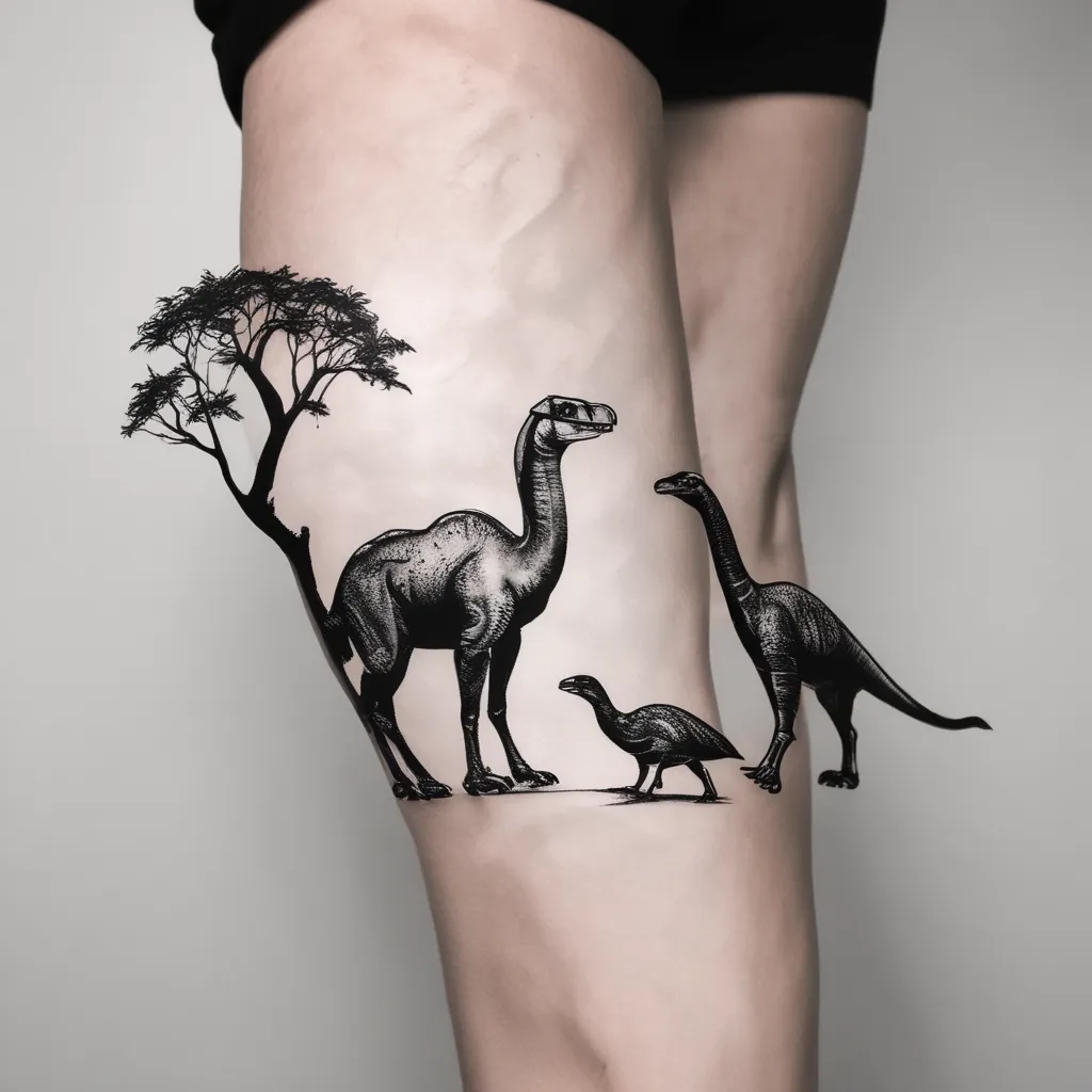 One puffin and one brachiosaurus in nature in black and white tattoo
 татуировка