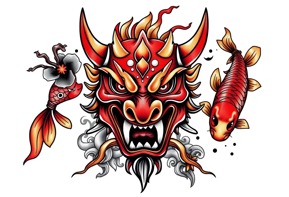 oni mask and koi fih tatuagem