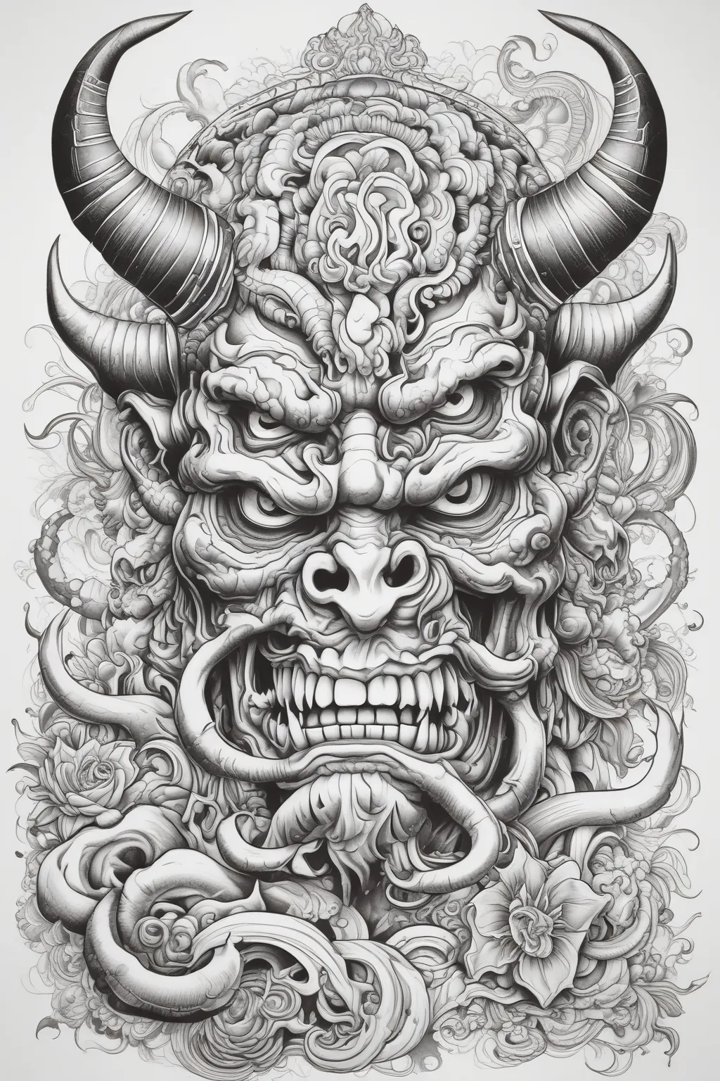 oni mask with big horn tatuointi