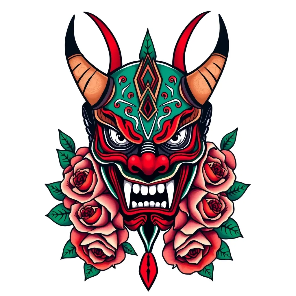 oni mask with roses 纹身