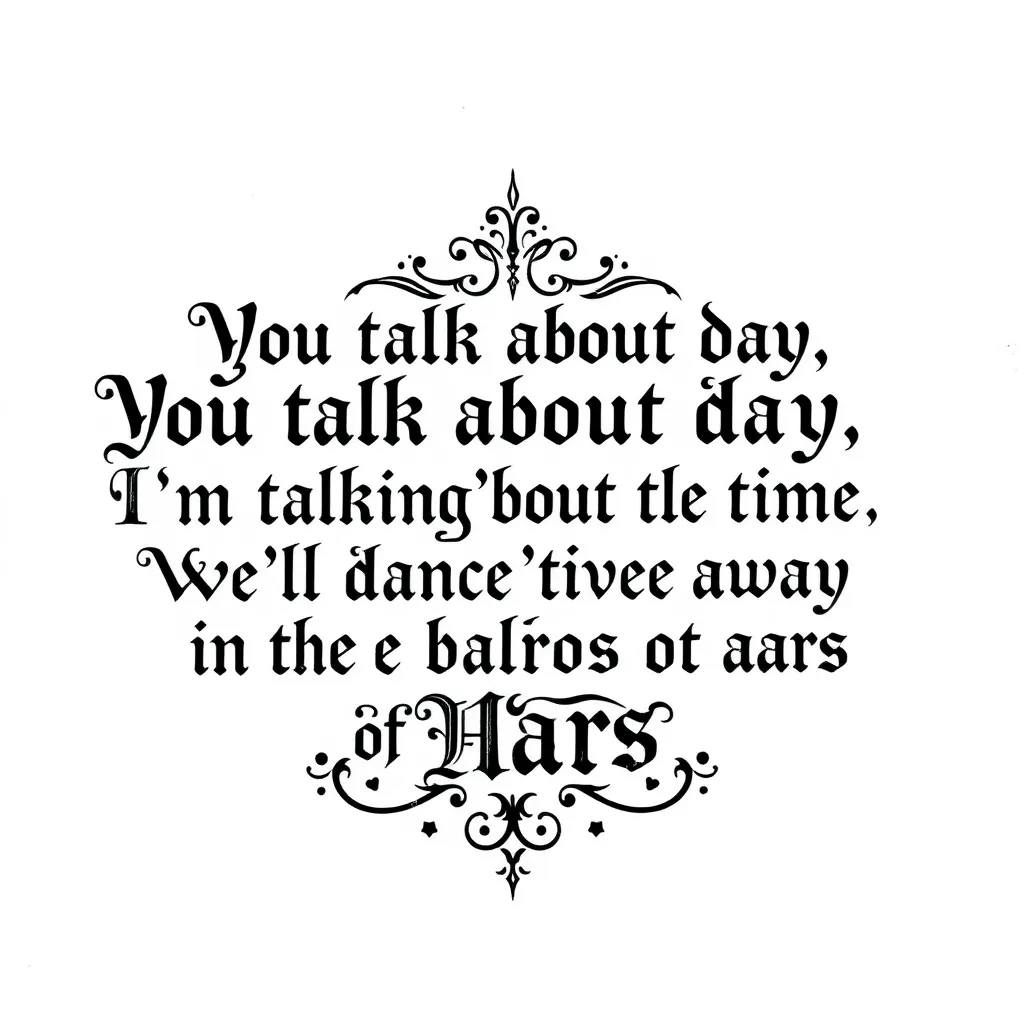 Only the text “You talk about day, I’m talking ‘bout the time.We’ll dance our lives away in the ballrooms of mars” tattoo