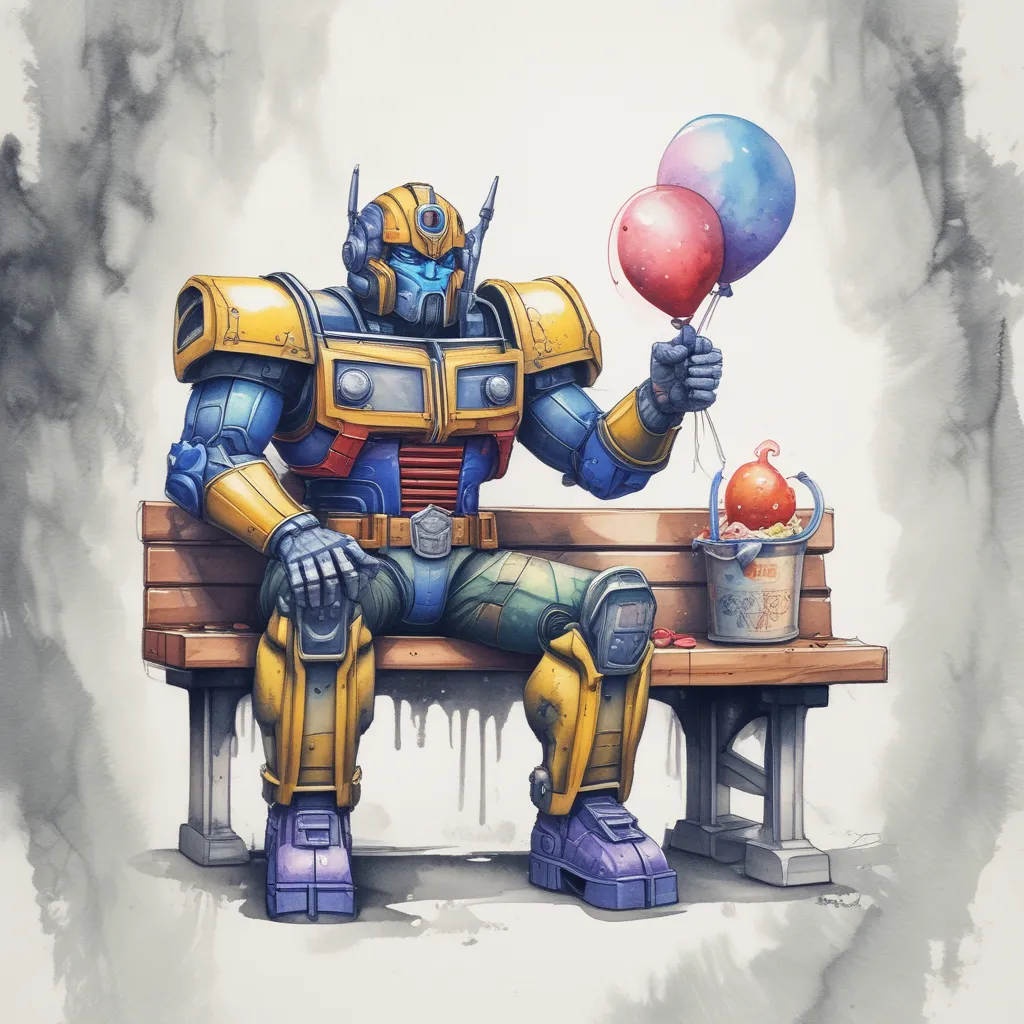 Optimus prime with an ice cream cone sitting next to bumblebee on a park bench and holding a balloon tatuointi